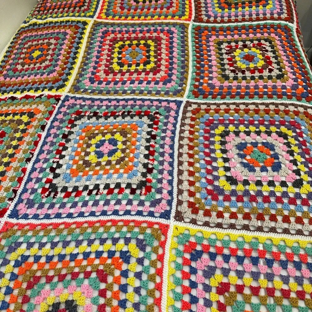 VTG Crochet Granny Square Blanket Handmade Afghan Boho Cottagecore Full Retro